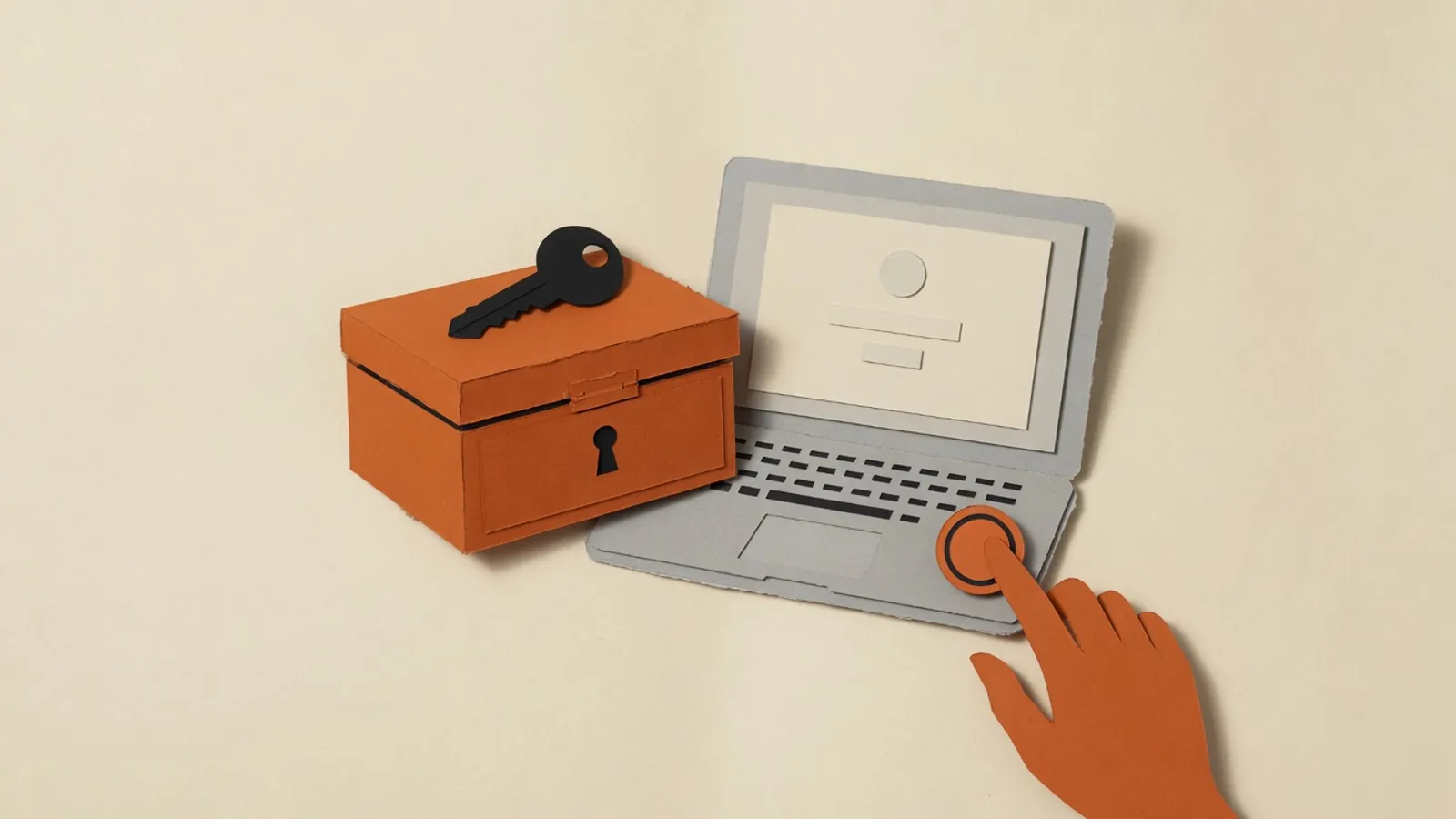 A closed lockbox holding a key beside a laptop with a blank sign-in window and a hand pressing a round button.