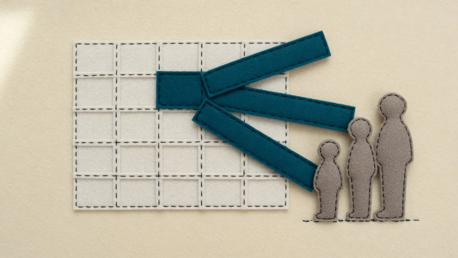 A teal weekly calendar with meeting blocks spreading from one shared slot toward three simple person silhouettes