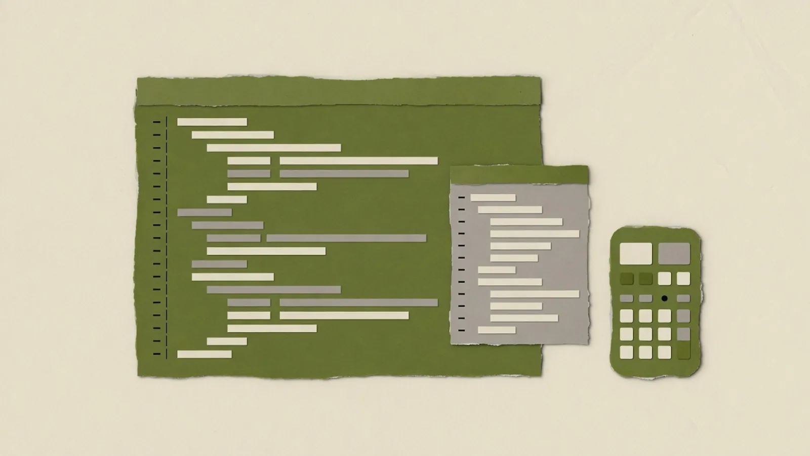 Two code-editor windows, the larger filled with blank bars, beside a compact home controller.