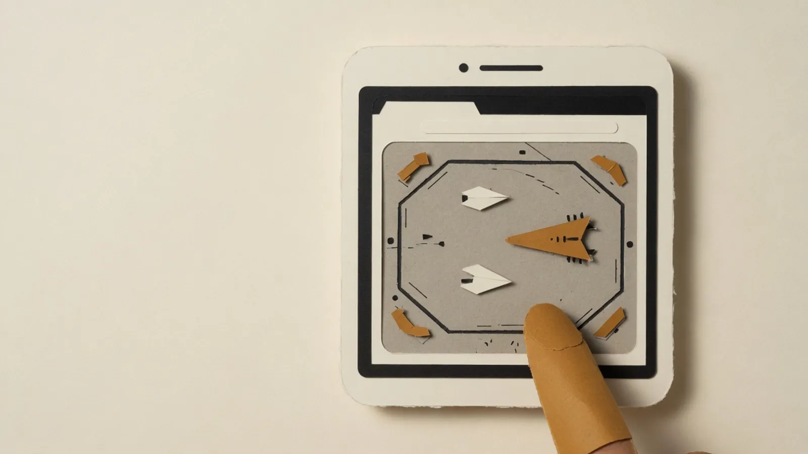 Smartphone screen shows a browser window with a geometric-ship arena game as a fingertip touches it.