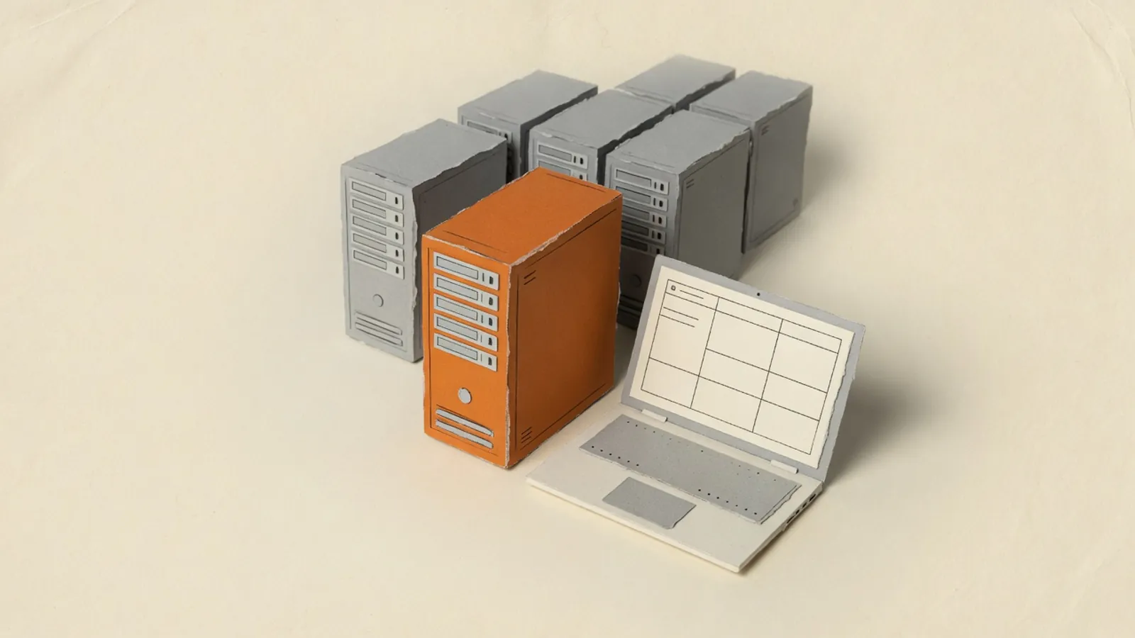 A server tower pulled from a row toward a laptop showing a blank tile grid.