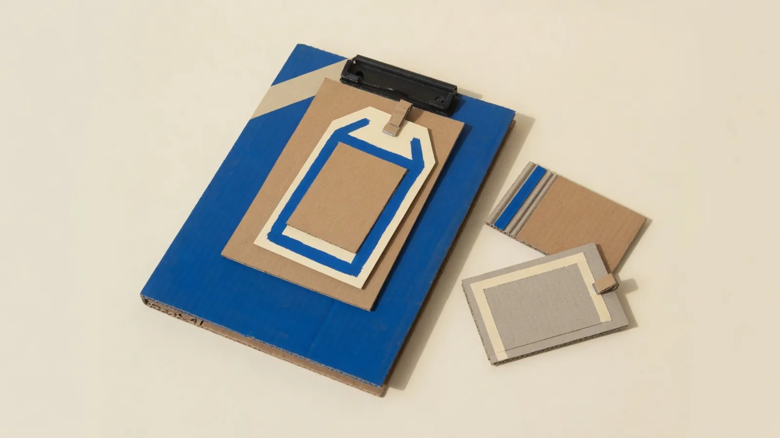A cardboard quote clipboard with a large price tag clipped on, two blank customer cards beside it