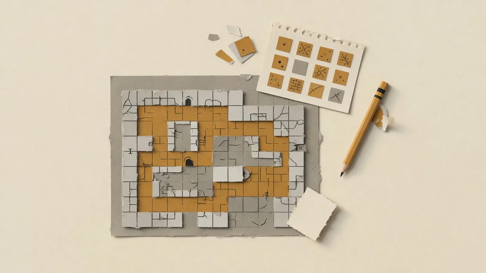 Top-down dungeon map built from tiles, with a tile palette and a pencil beside it.