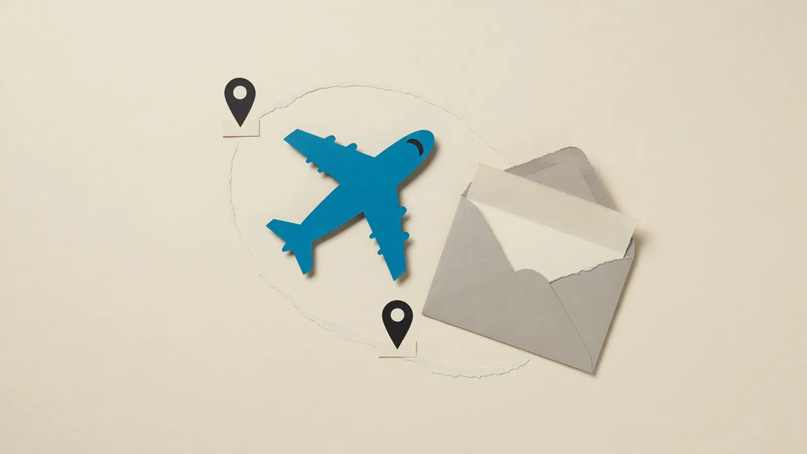 Small airplane on a short arc between two map pins beside an open envelope