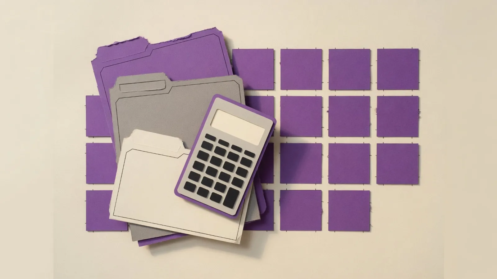 Wall calendar with left squares buried under folders and a calculator, right squares empty
