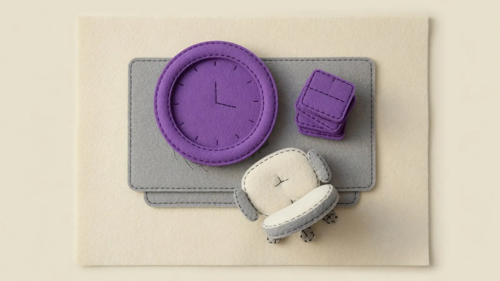 Vacant office chair at an empty desk with a large violet clock and a small stack of hour-blocks.