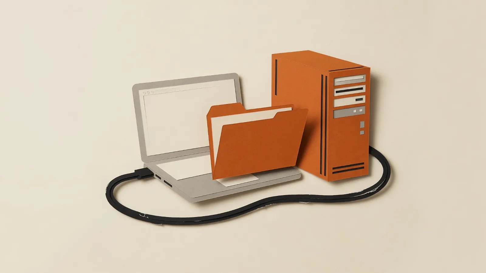 A laptop linked by a cable to a server tower, with a folder moving along the cable between them.