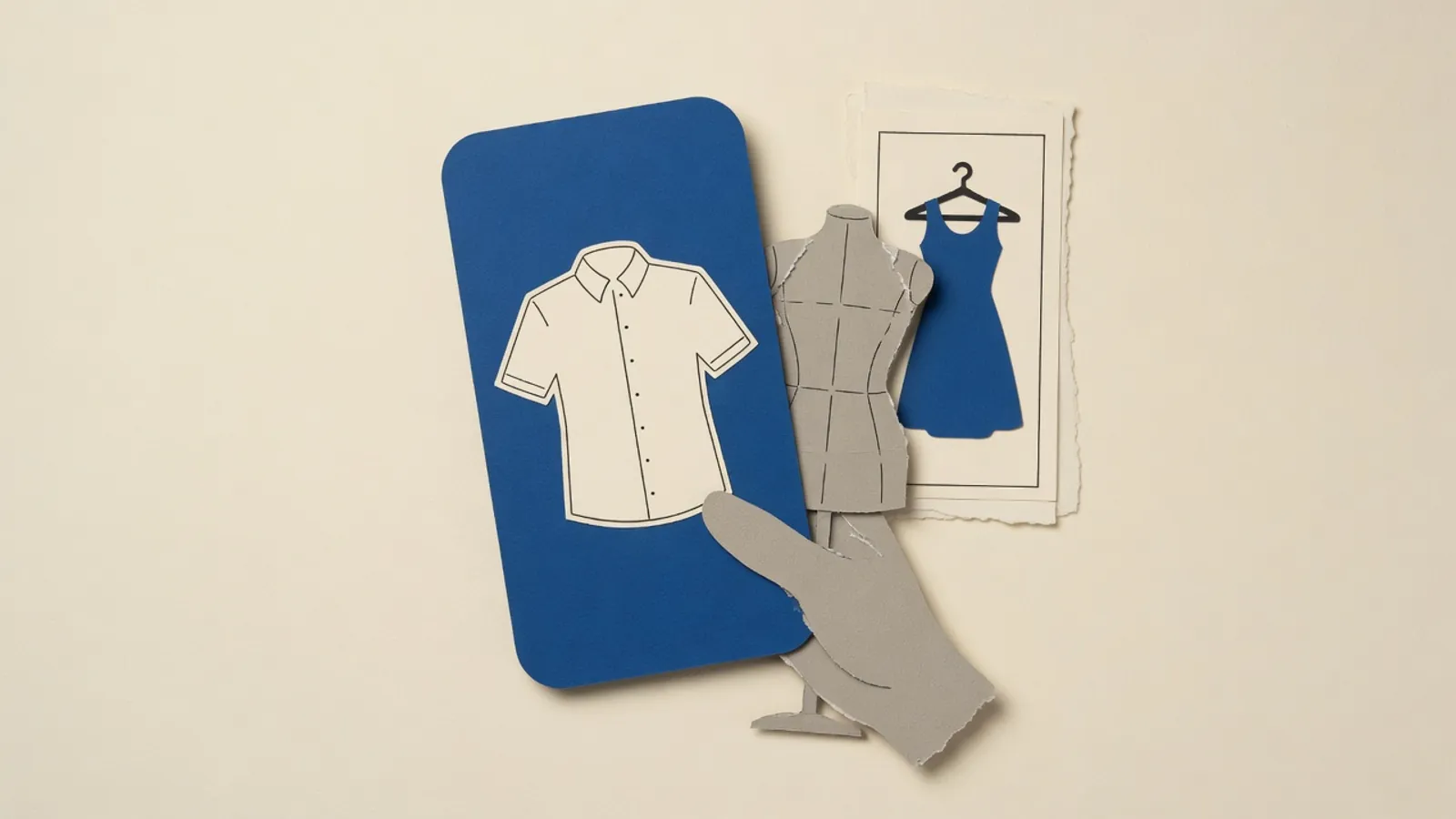 Shirt outline on a phone held before a headless dress form, beside a shop window with a hanging garment.