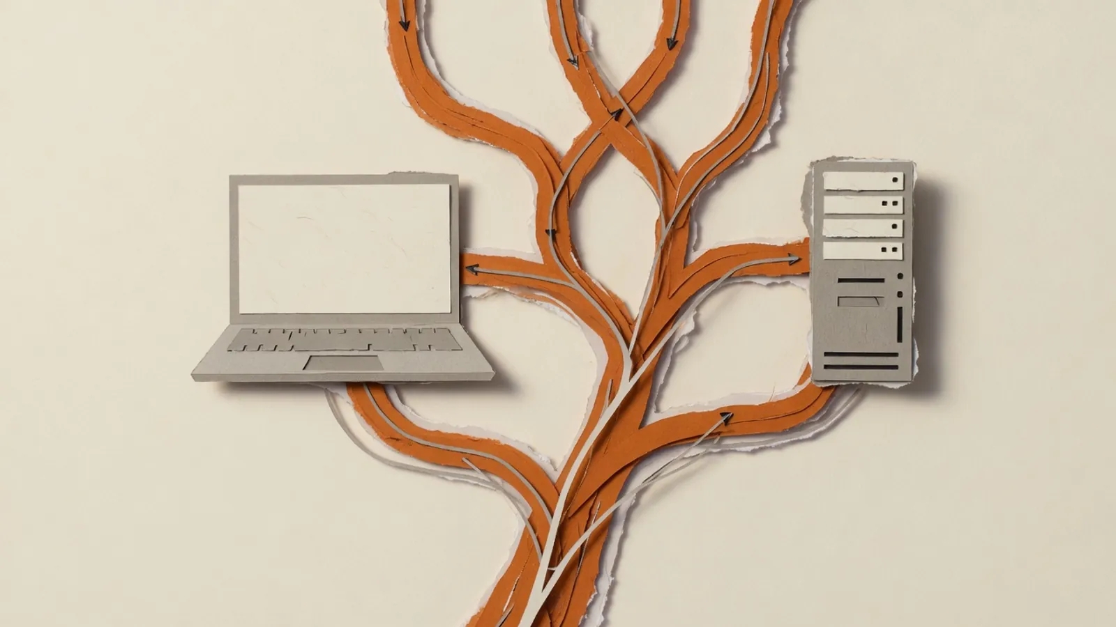 A branching merge diagram between a laptop with a blank window and a small server tower.