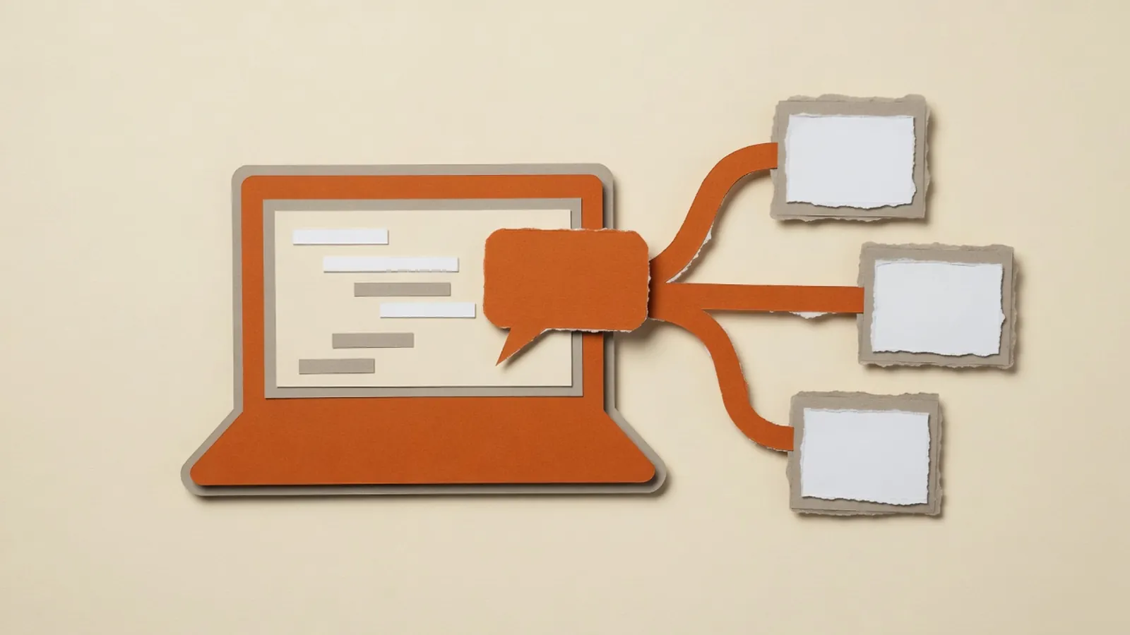 A laptop code window sends one chat bubble along branching paths to two smaller blank agent windows.
