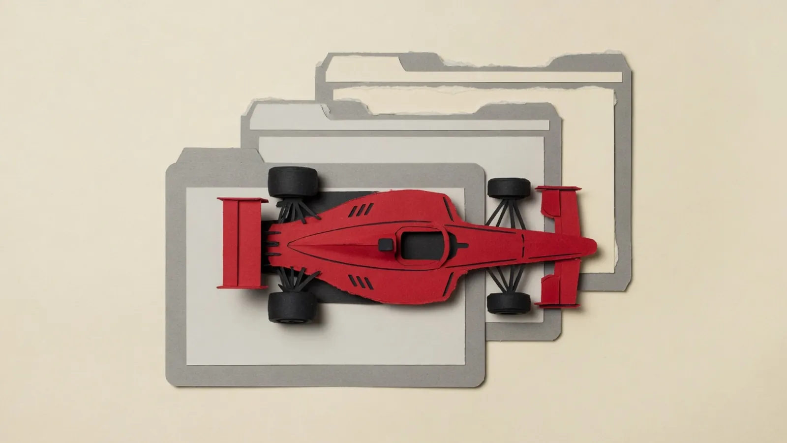 Crimson open-wheel race car in front of three overlapping browser windows of decreasing size